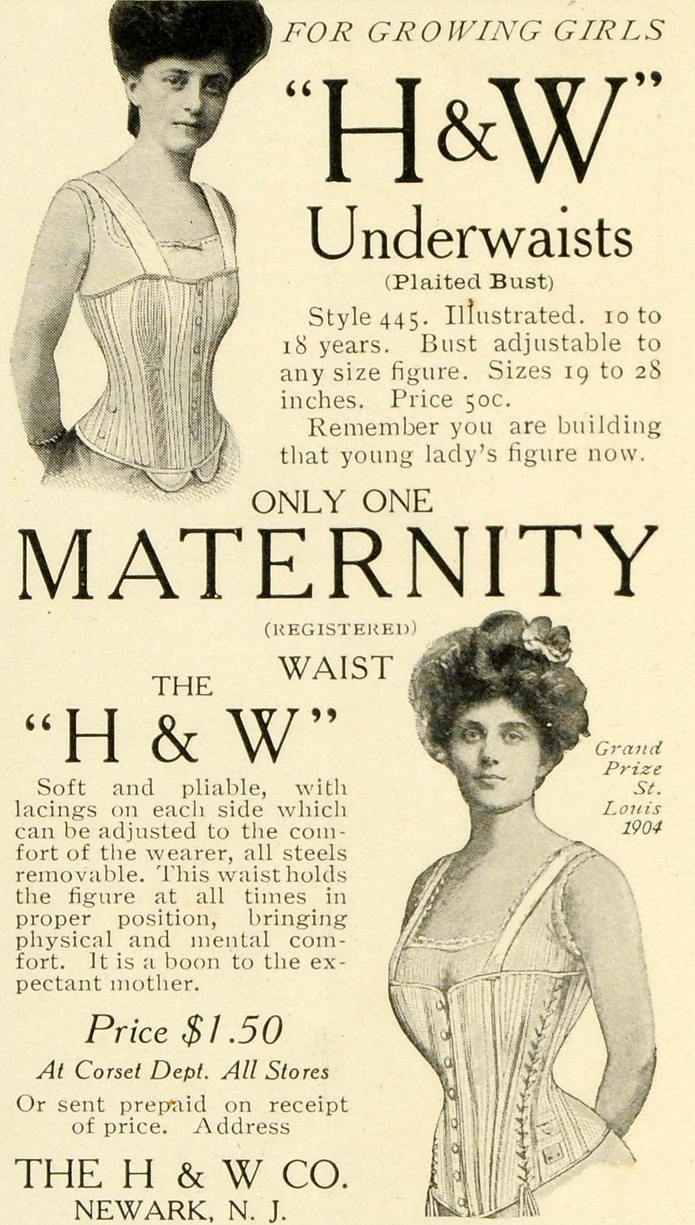 1905 Ad H W Underwaists Maternity Corsets Women Girls Fashion Bust Figure  LHJ6
