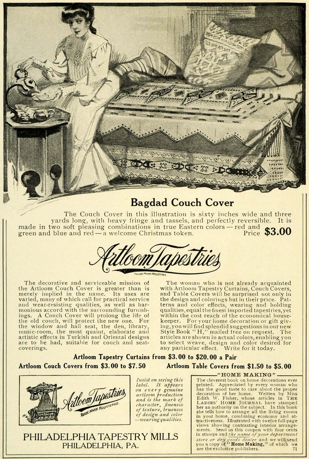 1905 Ad Philadelphia Tapestry Curtains Home Decor Woman Tea Teapot Couch LHJ6