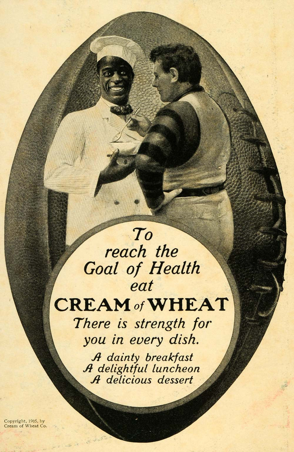 1905 Ad Cream Wheat Breakfast Cereal Rasmus Chef Rugby Ball Player Athlete LHJ6 - Period Paper
