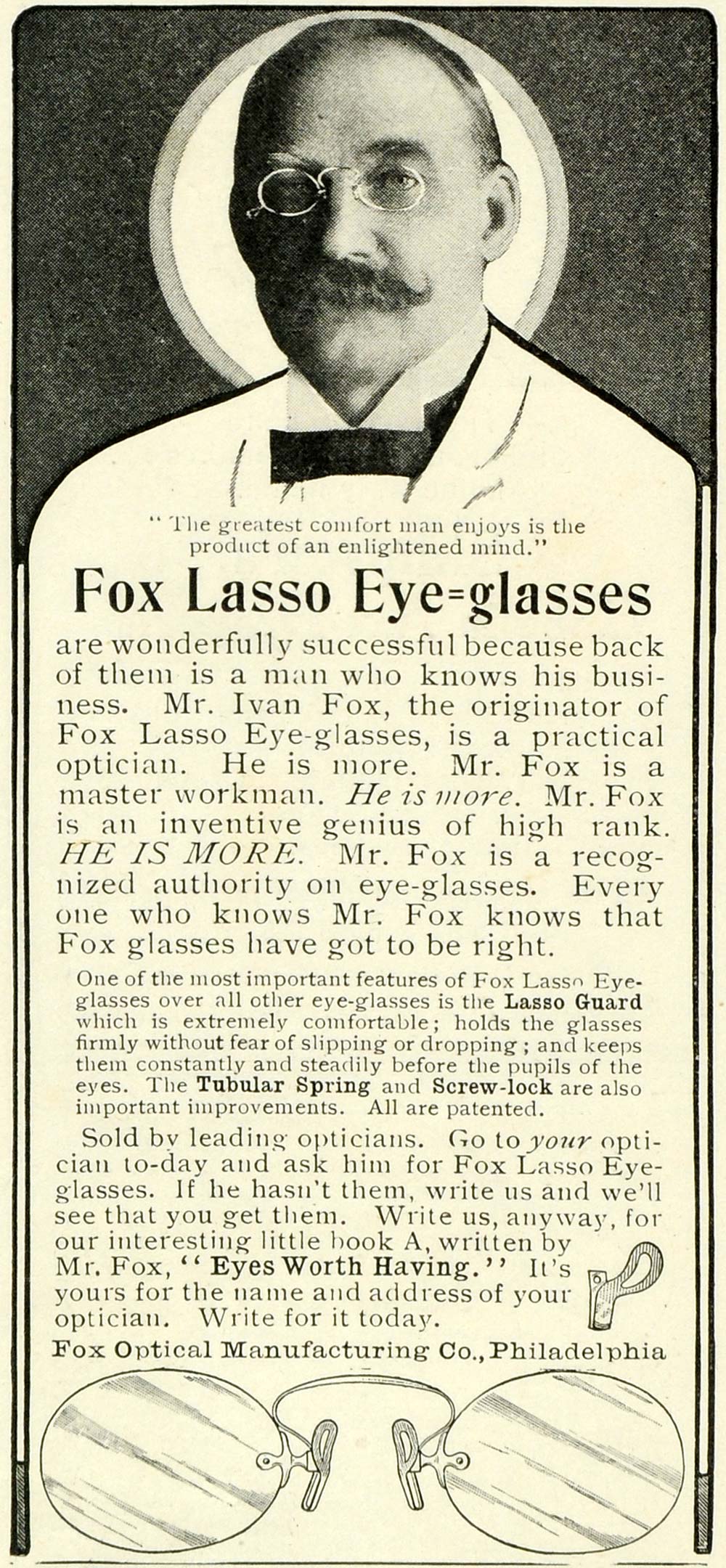 1905 Ad Ivan Fox Optical Lasso Eyeglasses Spectacles Vision Sight Mustache LHJ6