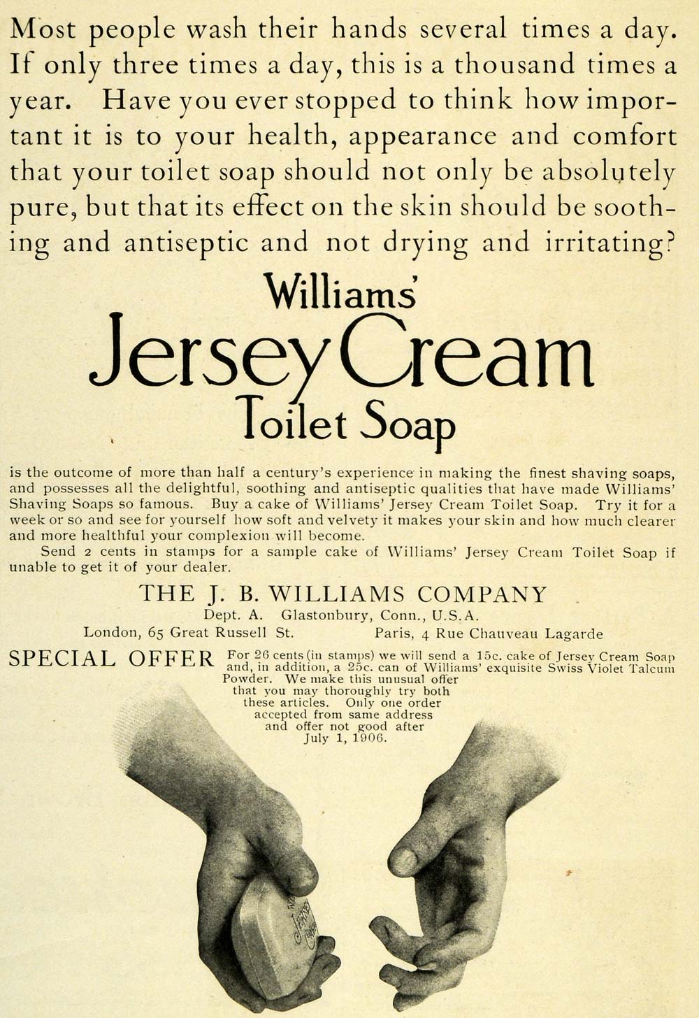 1906 Ad J. B. Williams Jersey Cream Washing Soap Hands Antiseptic London LHJ6