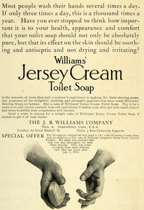 1906 Ad J. B. Williams Jersey Cream Washing Soap Hands Antiseptic London LHJ6