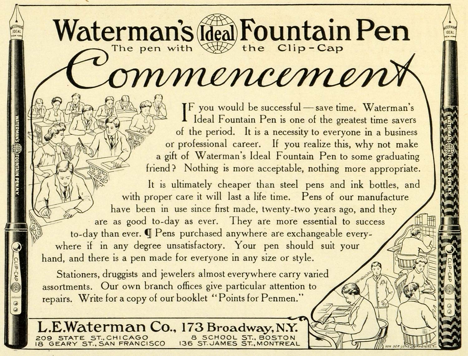 1906 Ad Waterman's Ideal Fountain Pens Clip-Cap School Writing Desks LHJ6