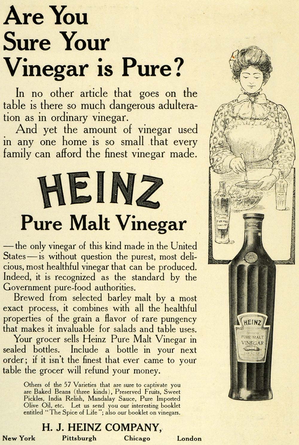 1906 Ad H. J. Heinz 57 Pure Malt Vinegar Cooking Woman Food Salad Table LHJ6