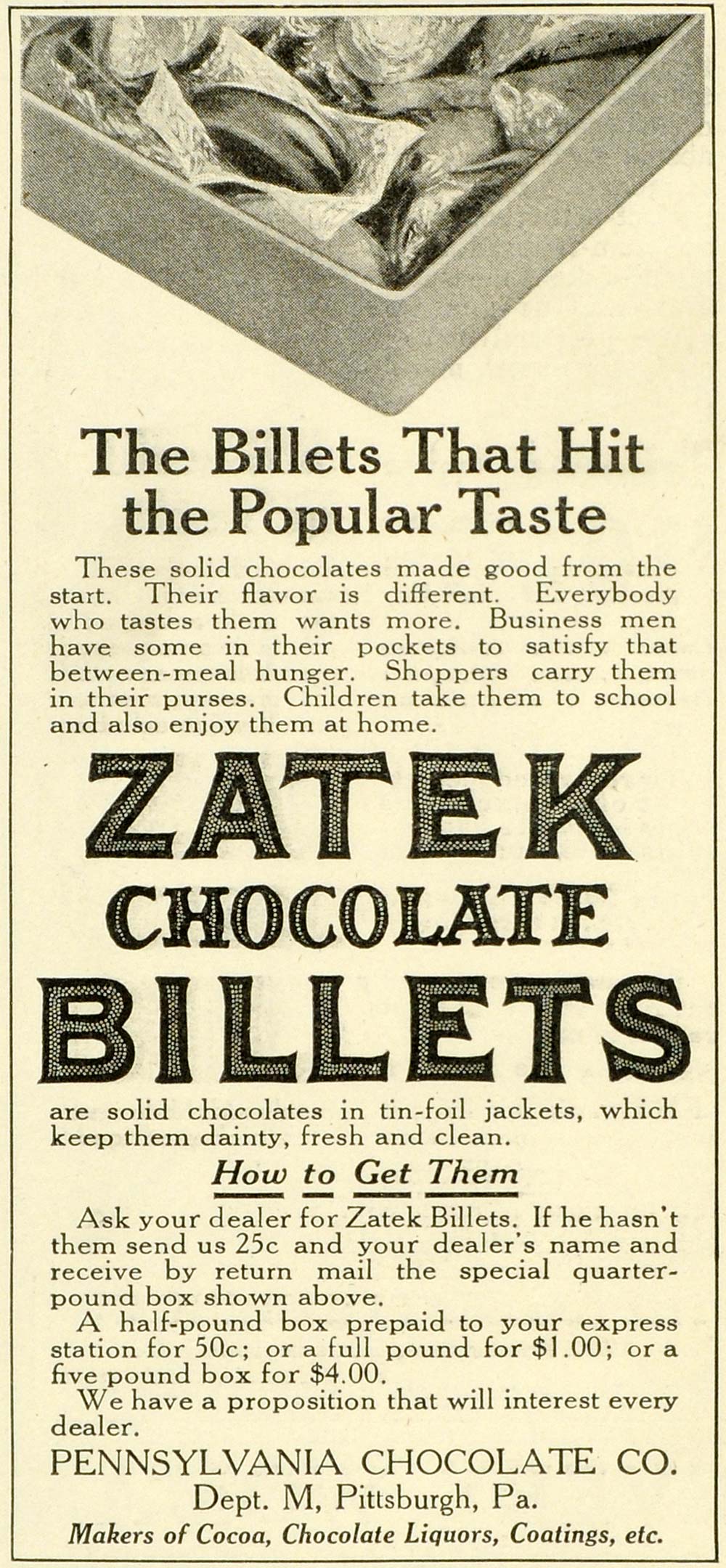 1911 Ad Pennsylvania Chocolates Zatek Billets Candies Box Cocoa Dessert LHJ6