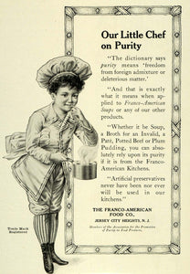 1909 Ad Franco-American Foods Soups Boy Child Chef Hat Pot Steam Hat Broth LHJ6