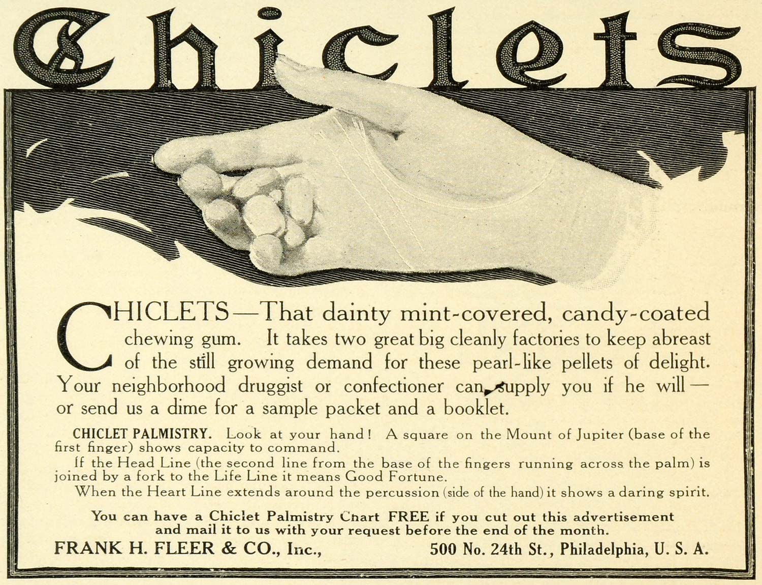 1907 Ad Frank H. Fleer Mint Coated Candy Chiclet Chewing Gum Hand Palm LHJ6
