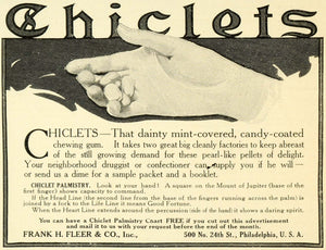 1907 Ad Frank H. Fleer Mint Coated Candy Chiclet Chewing Gum Hand Palm LHJ6
