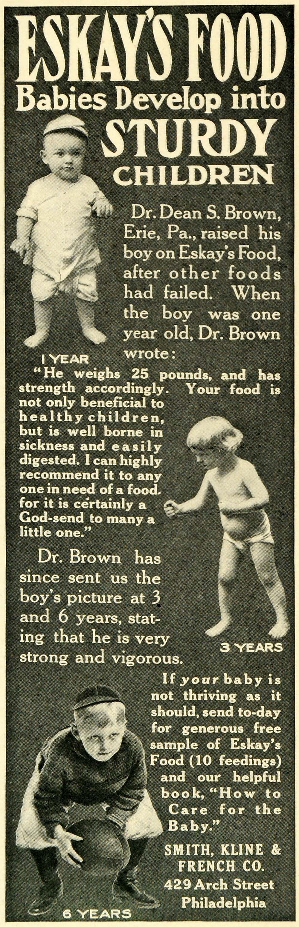 1907 Ad Smith Kline French Eskay's Baby Boy Food Growth Child Diet LHJ6