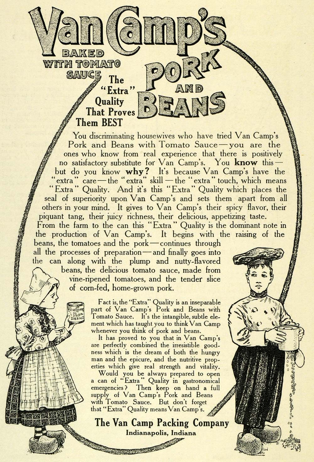 1907 Ad Van Camp's Baked Pork Beans Canned Food Dutch Boy Girl Clogs Sifter LHJ6