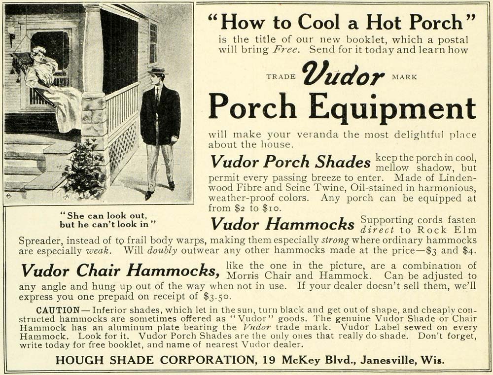 1907 Ad Hough Porch Shades Blinds Hammocks Lady Home Furnishing Summer LHJ6