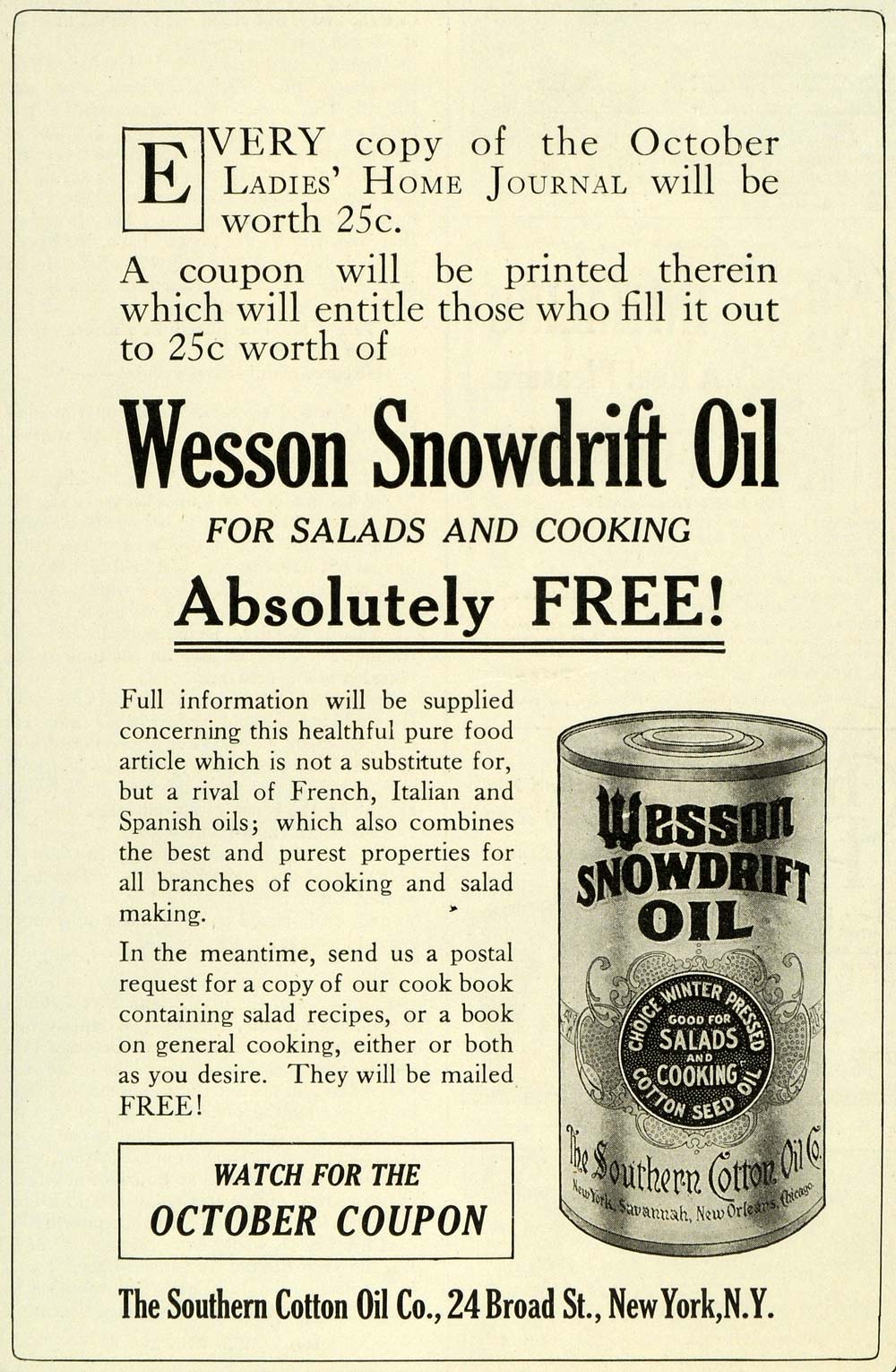 1911 Ad Southern Cotton Wesson Snowdrift Salad Food Oil Sauce Flavoring LHJ6