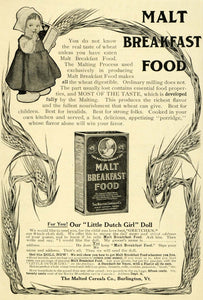 1906 Ad Malted Cereals Breakfast Food Wheat Grain Crop Dutch Girl Clogs LHJ6