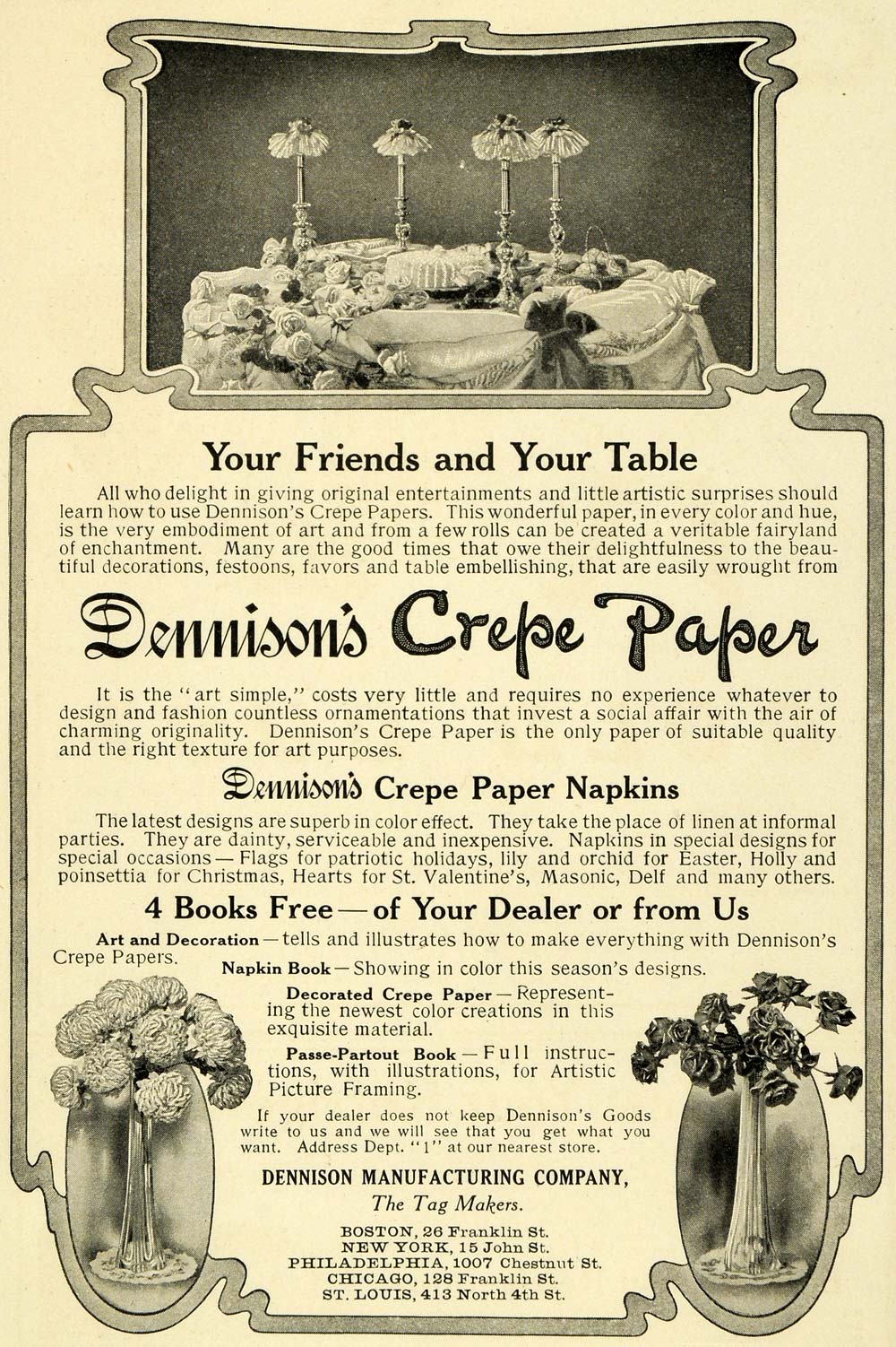 1906 Ad Dennison Crepe Paper Napkin Table Setting Decorating Party Dining LHJ6