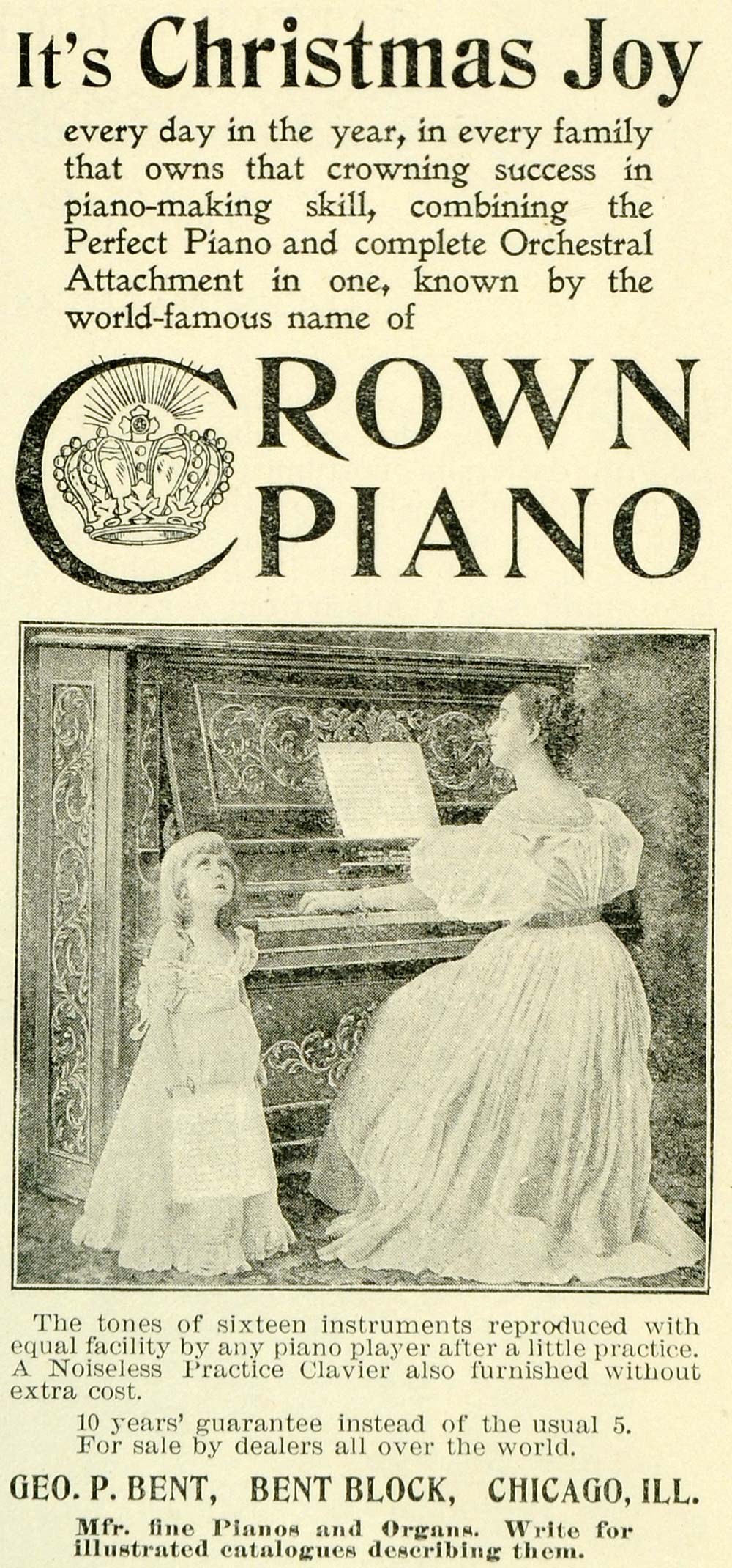 1897 Ad Geo. P. Bent Chicago Crown Pianos Music Mom Girl Duet Sing Holidays LHJ6