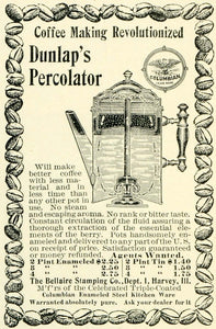 1897 Ad Bellaire Stamping Dunlap Perculator Coffee Maker Brewer Beans LHJ6