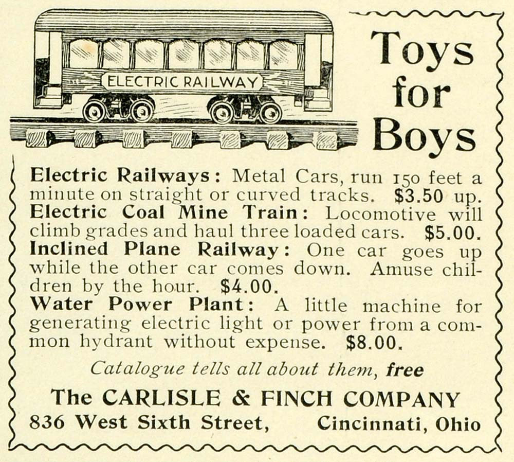 1897 Ad Carlisle Finch Boy's Toys Electric Train Railroad Sets Locomotive LHJ6 - Period Paper
