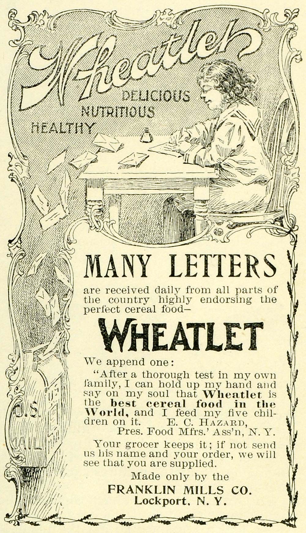 1897 Ad Franklin Wheatlet Health Cereal Girl Writing Letters Desk Quill LHJ6