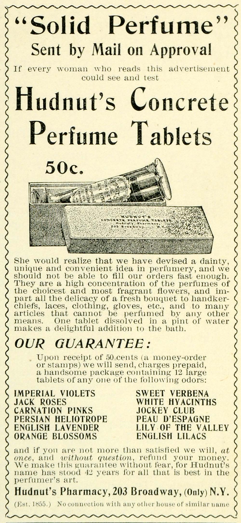 1897 Ad Hudnut's Pharmacy Concrete Perfume Tablet Floral Scents Ladies LHJ6