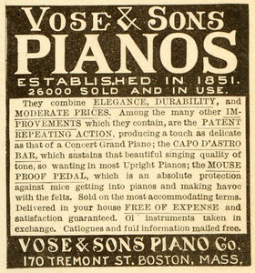 1891 Ad Vose Pianos Concert Grand Upright Mouse Proof Pedals Capo D LHJ6