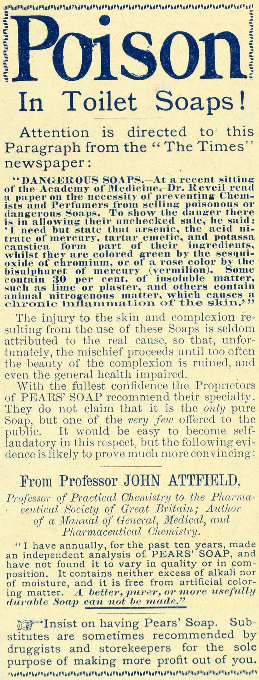 1891 Ad Poisonous Soap Ingredients Regulation Pears Professor John Attfield LHJ6