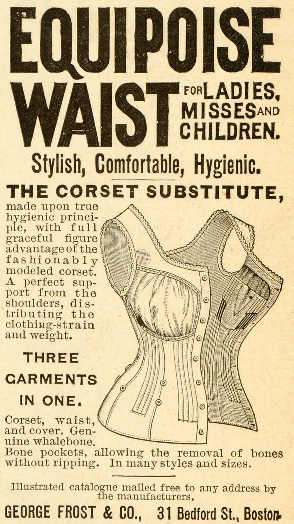 1891 Ad George Frost Equipoise Waist Corset Substitute Clothing Accessories LHJ6