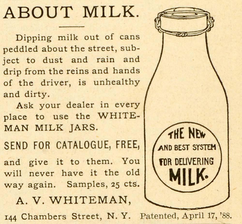 1891 Ad A V Whiteman Antique Milk Jars Dairy Delivery 144 Chambers St. New LHJ6