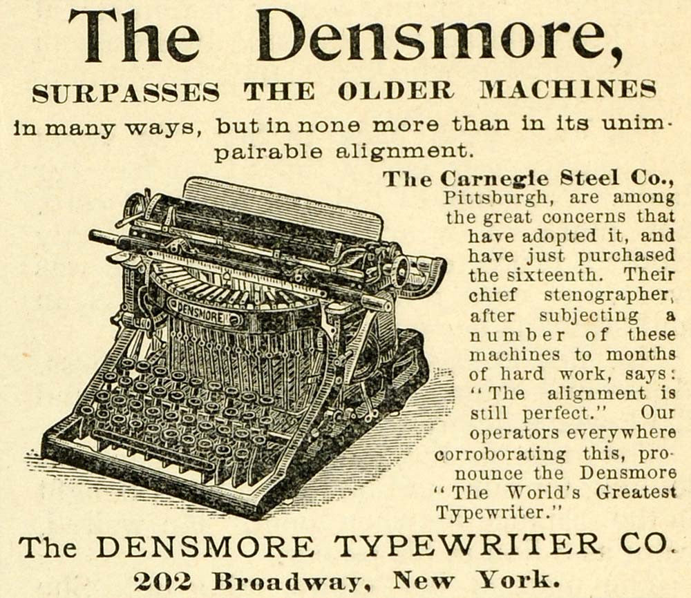 1893 Ad Antique Densmore Typewriter Carnegie Steel Typing Office Machines LHJ6 - Period Paper
