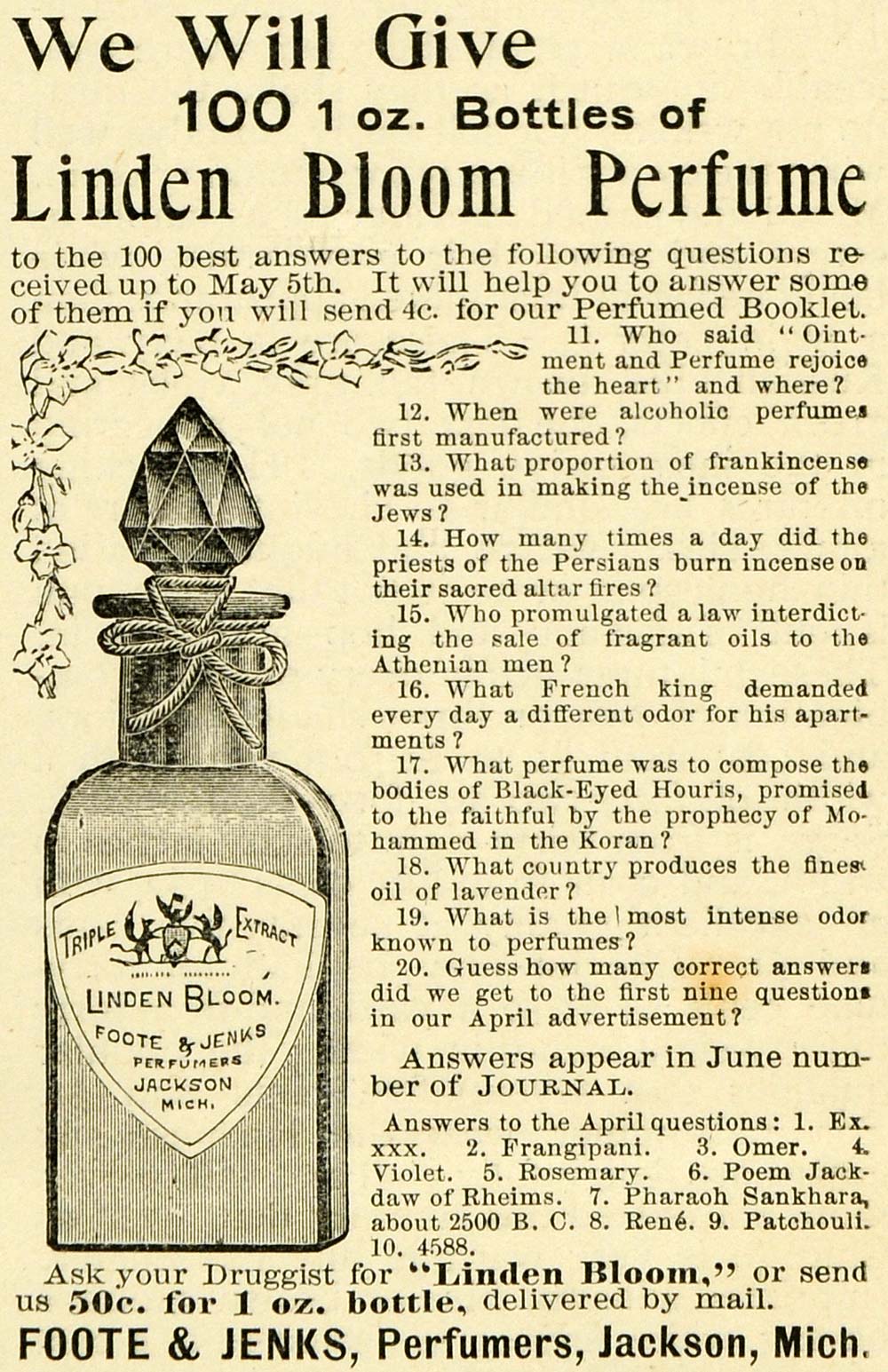 1893 Ad Foote Jenks Linden Bloom Perfume Ornate Bottle Fragrances Jackson LHJ6