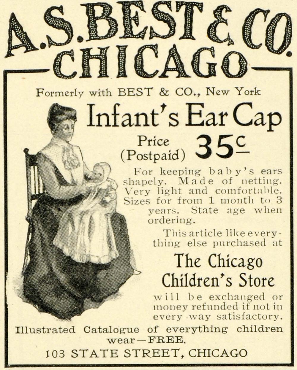 1902 Ad Chicago Children's Store Infant Ear Cap Baby Bonnet Pricing A. S LHJ6