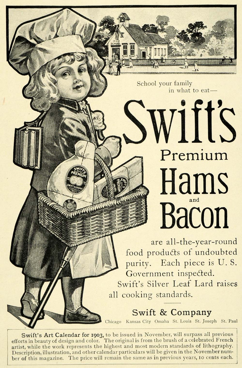 1902 Ad Swift Premium Ham Bacon Meat Girl Picnic Basket Cooking Silver Leaf LHJ6