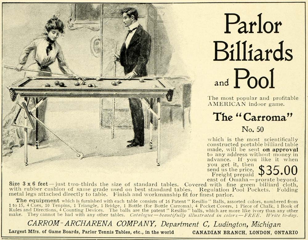 1902 Ad Parlor Billiards Home Pool Tables Carrom Archarena Ludington LHJ6