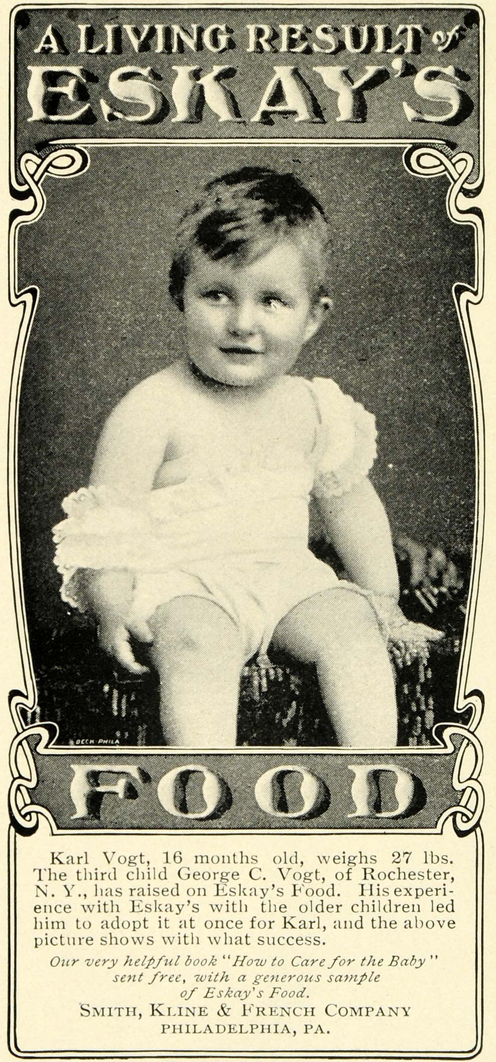 1902 Ad Eskay Baby Food George Karl Vogt Rochester New York Smith Kline LHJ6