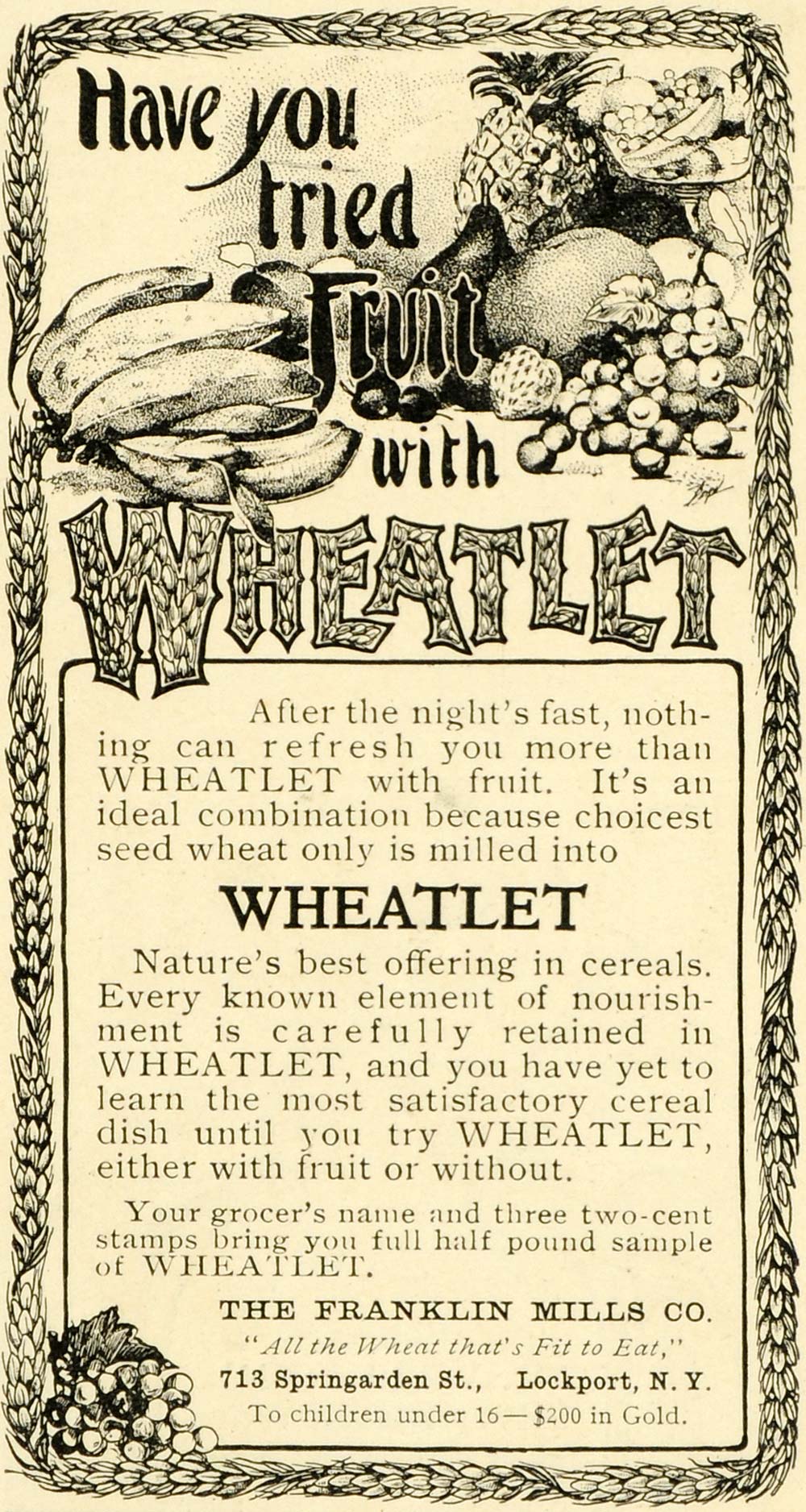 1902 Ad Franklin Mills Wheatlet Wheat Cereal Health Food Fruit Lockport New LHJ6