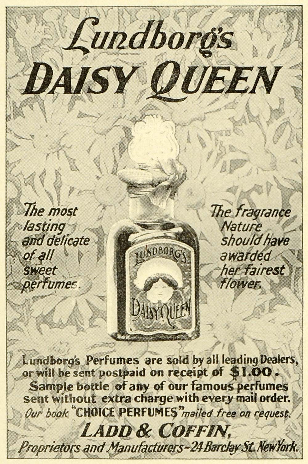 1899 Ad Lundborg Daisy Queen Perfume Bottle Price Fragrance Ladd Coffin New LHJ6