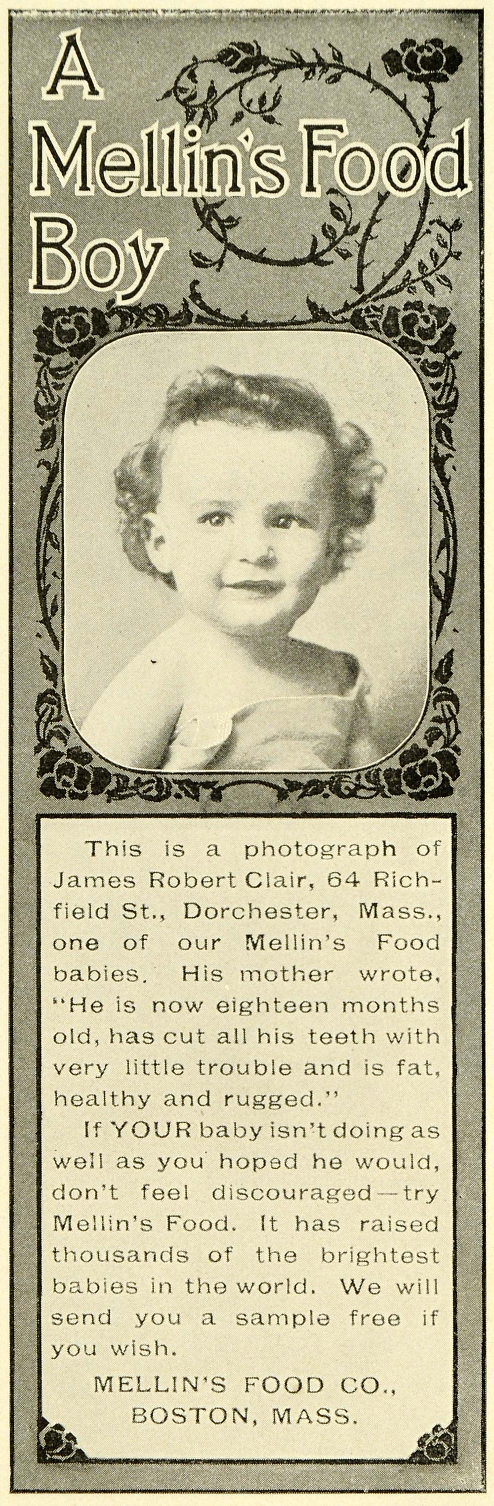 1899 Ad Mellin's Baby Food James Robert Clair 64 Richfield St. Dorchester LHJ6