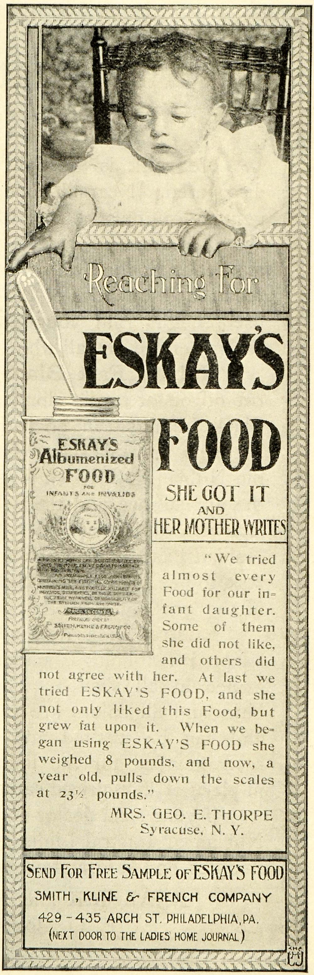 1899 Ad Eskay Albumenzied Baby Food Kline French Smith George E. Thorpe LHJ6