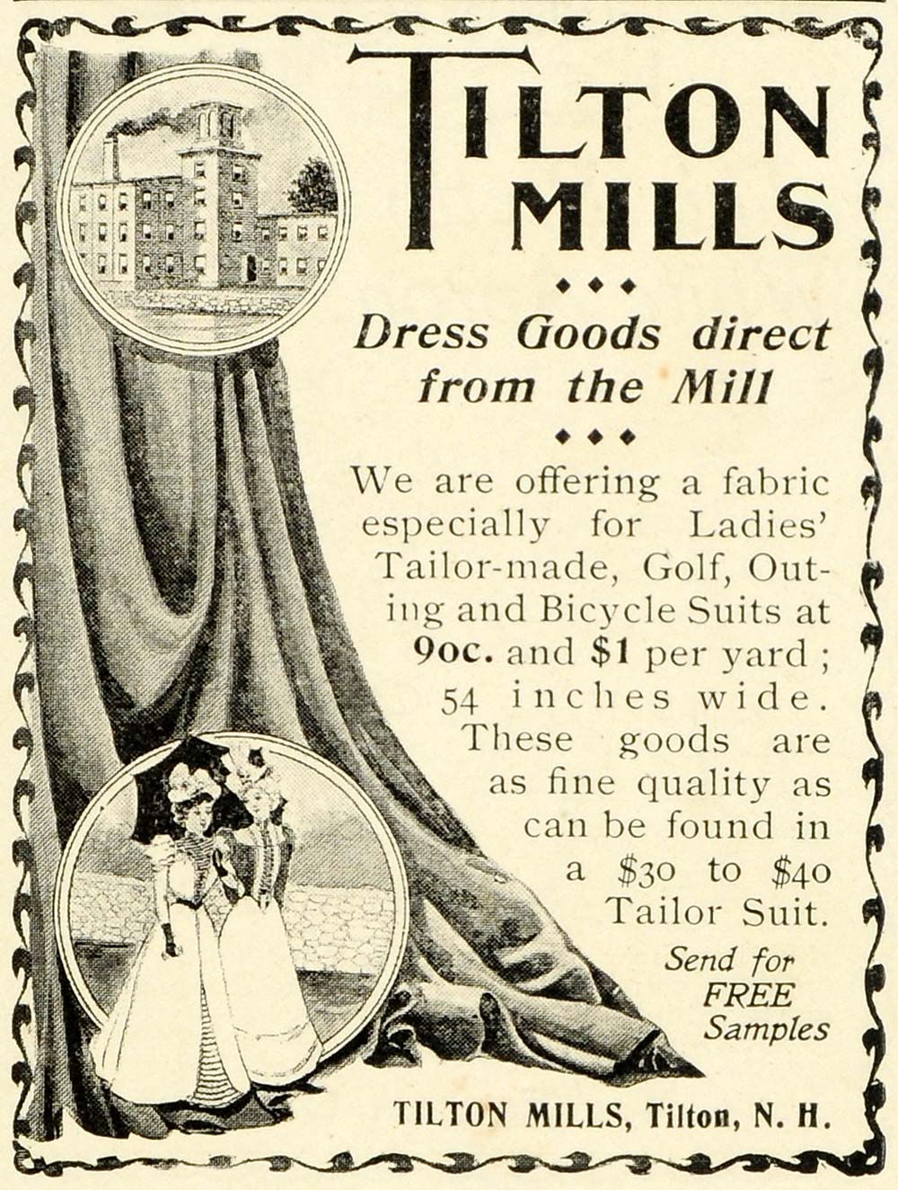 1899 Ad Tilton Mills Victorian Fashion Golf Bicycle Women's Recreation LHJ6
