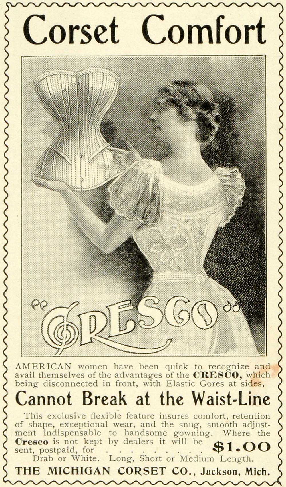 1899 Ad Michigan Cresco Corsets Victorian Undergarments Clothing LHJ6