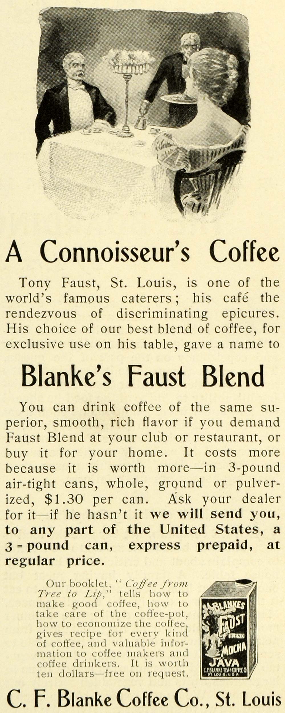 1899 Ad C. F. Blanke Coffee Faust Bean Java Mocha Blend Brew Dinner Party LHJ6