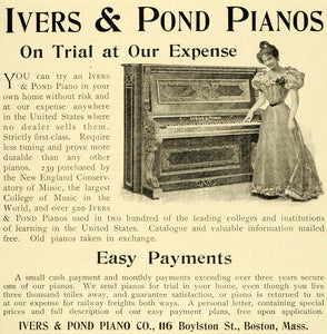 1899 Ad Ivers Pond Home Pianos Woman Gown Pianist New England Conservatory LHJ6