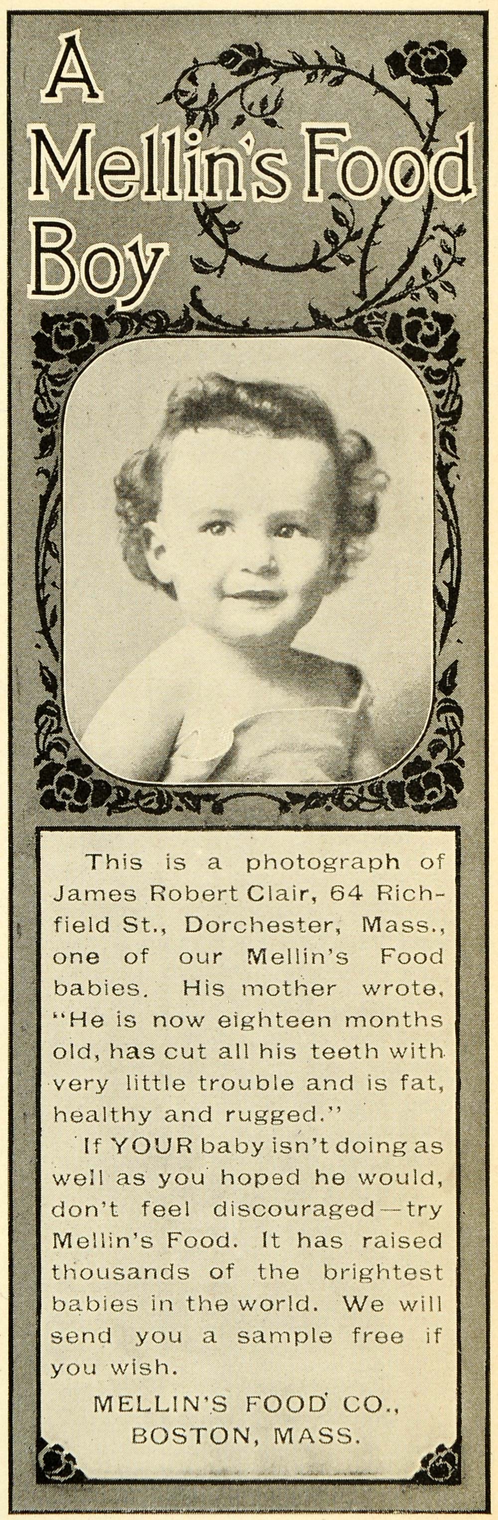 1899 Ad Mellin's Baby Food James Robert Clair Boy Massachusetts Portrait LHJ6