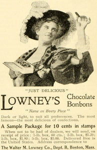 1899 Ad Walter M. Lowney Chocolate Bonbons Candy Feather Hat Poofy Sleeve LHJ6