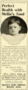 1899 Ad Mellin's Baby Food Infant Earl Francis Watts Portrait Health LHJ6