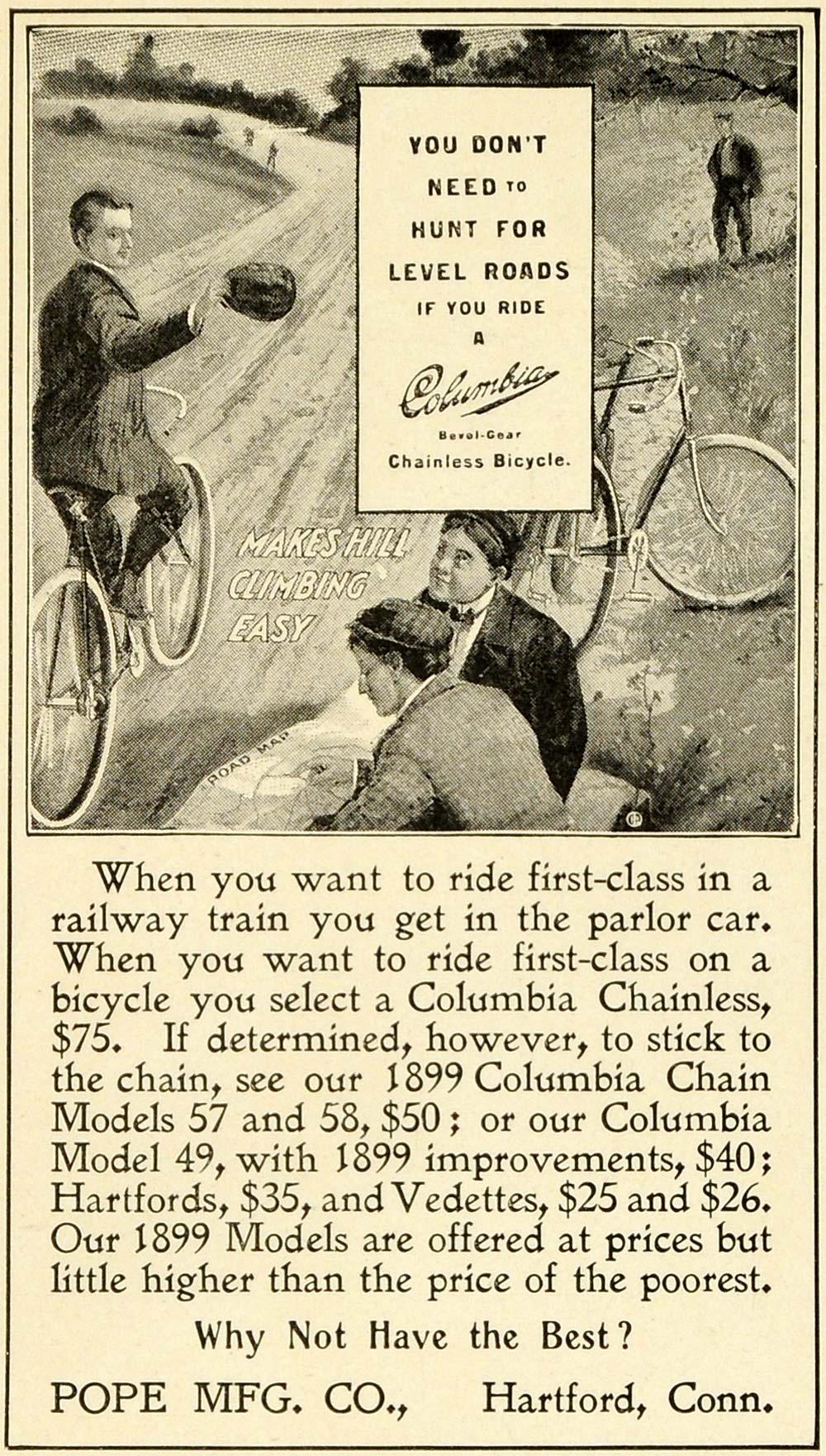 1899 Ad Pope Manufacturing Columbia Bicycles Hartford Vedette Road Hill LHJ6