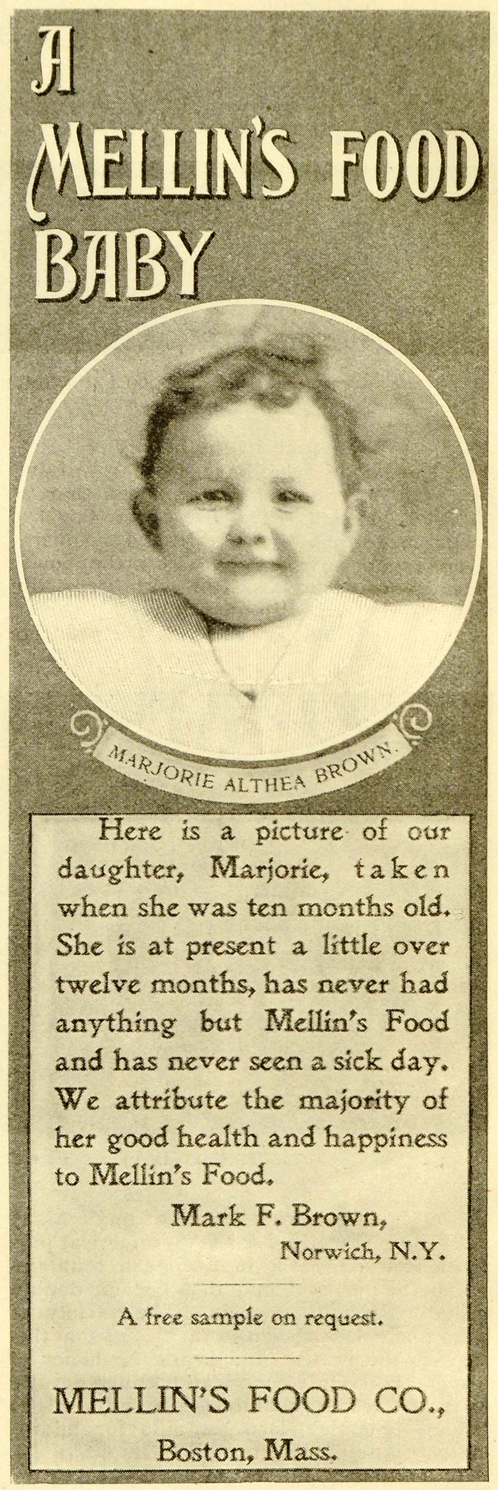 1899 Ad Mellin's Baby Food Marjorie Althea Brown Portrait Children LHJ6