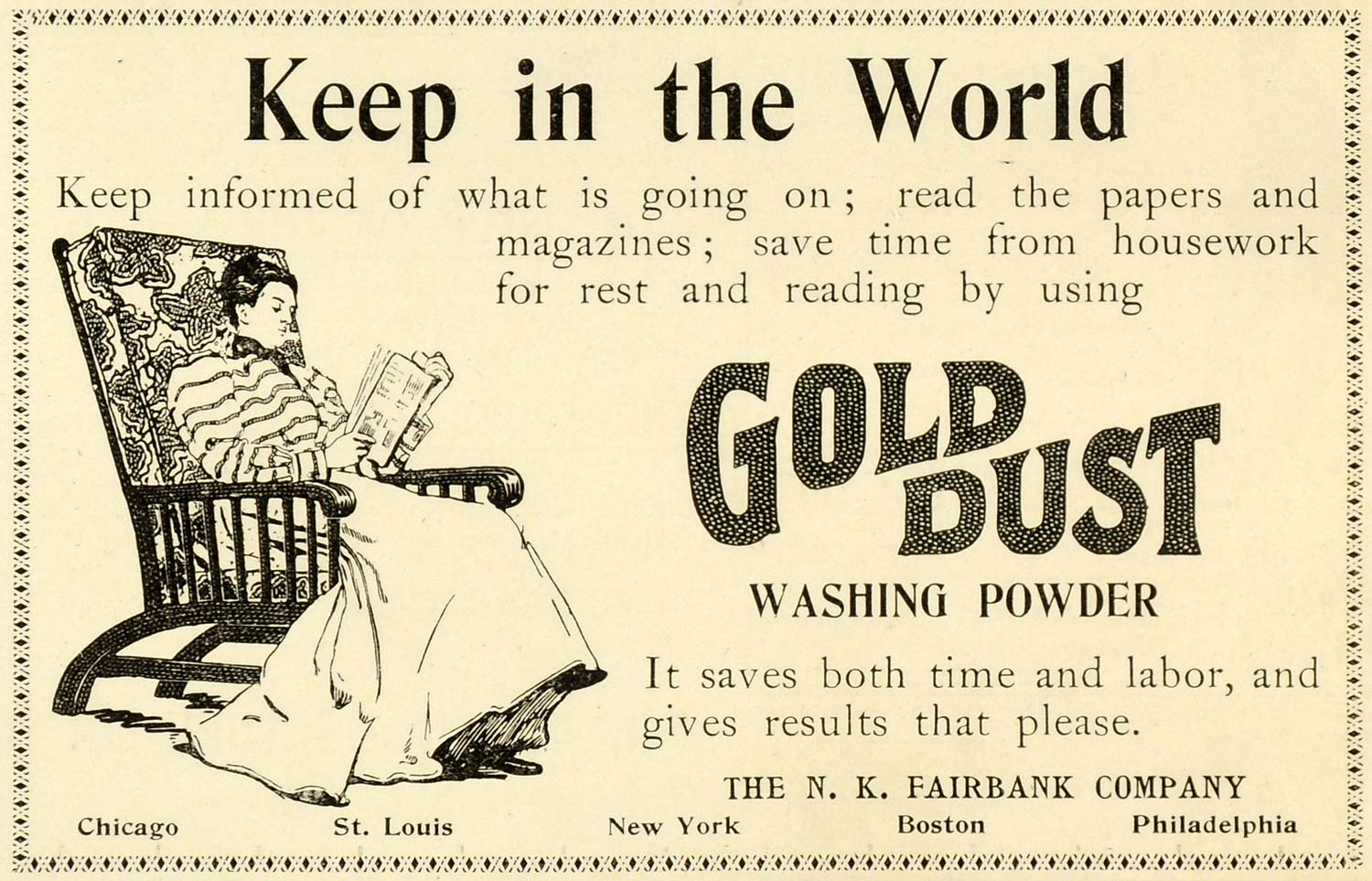 1898 Ad N. K. Fairbank Gold Dust Washing Powder Arm Chair Lady Reading LHJ6