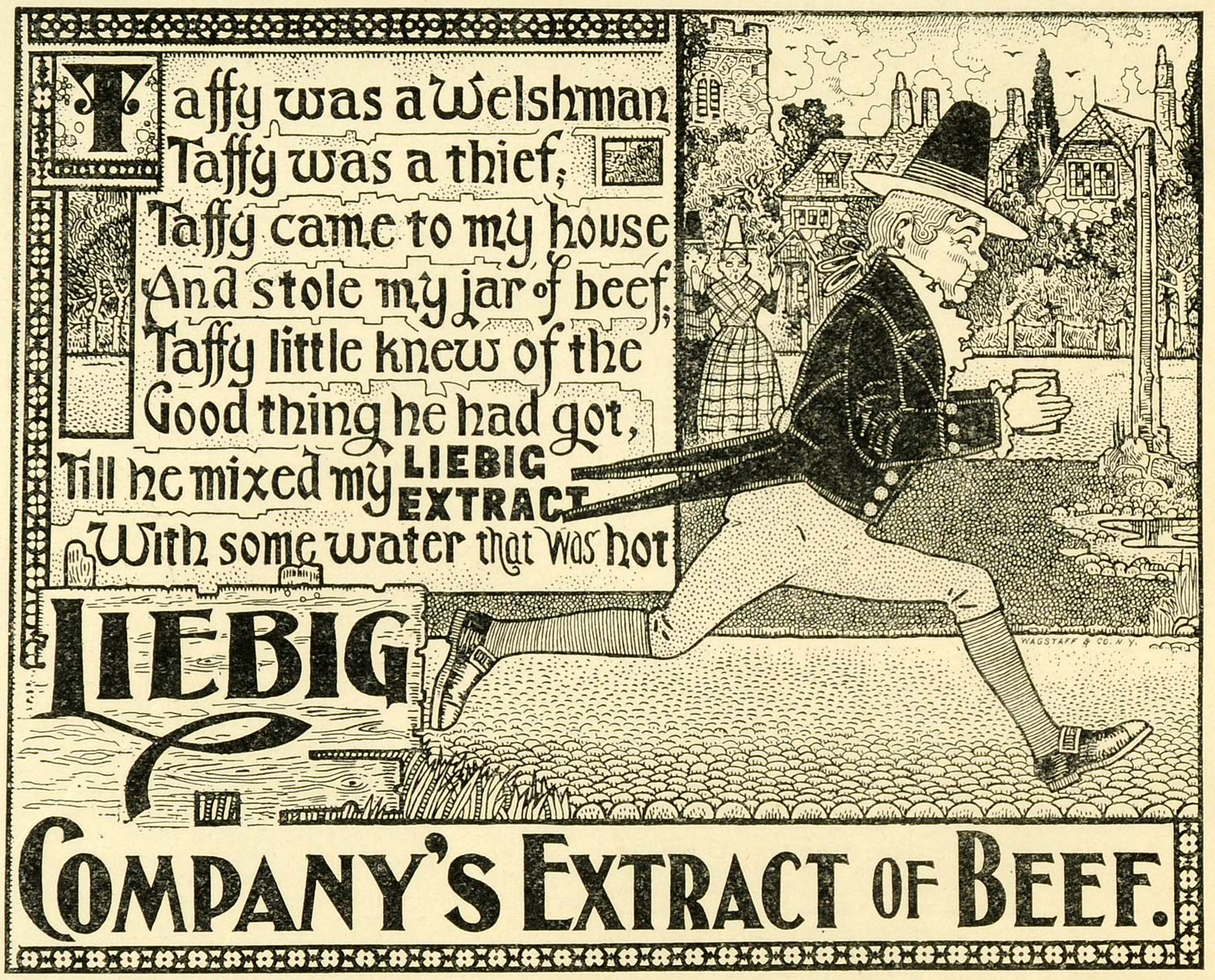 1897 Ad Liebig's Beef Extract Food Taffy Welsh Man Cobblestone Street
