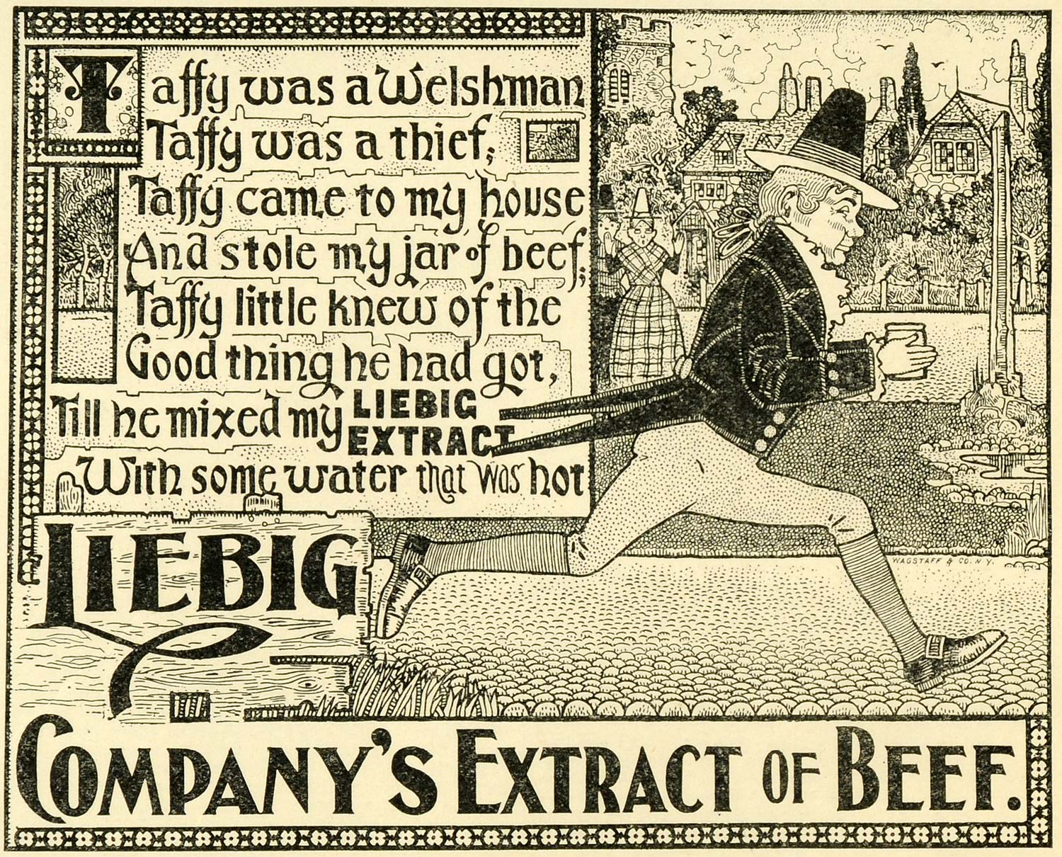 1897 Ad Liebig's Beef Extract Food Taffy Welsh Man Cobblestone Street LHJ6