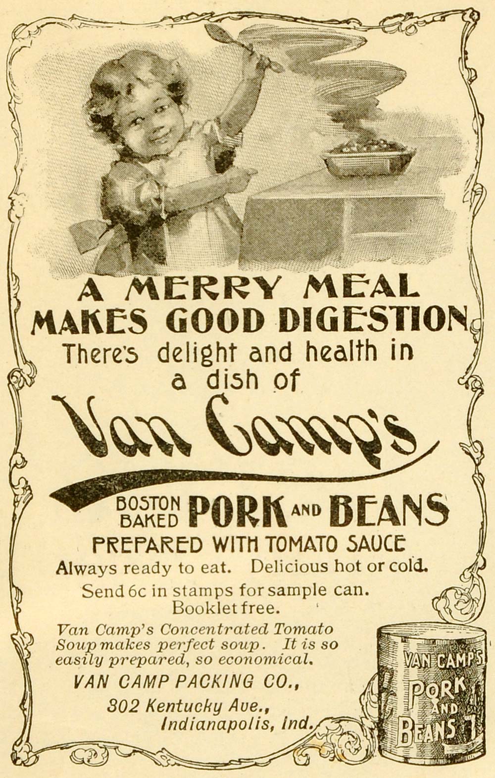 1898 Ad Van Camp Packing Boston Pork Beans Food Child Table Bowl Eating LHJ6